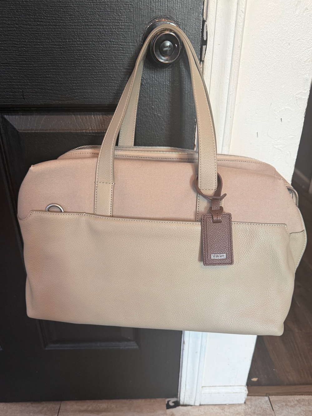 Away Everwhere tote /carry on ,1/2 canvas & 1/2 pebbled leather , taupe New